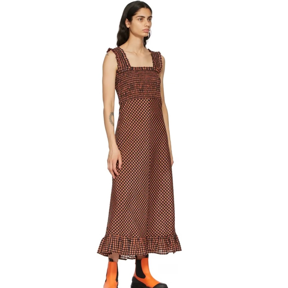 GANNI Rust & Black Seersucker Check Long Dress Size 38 US size 6